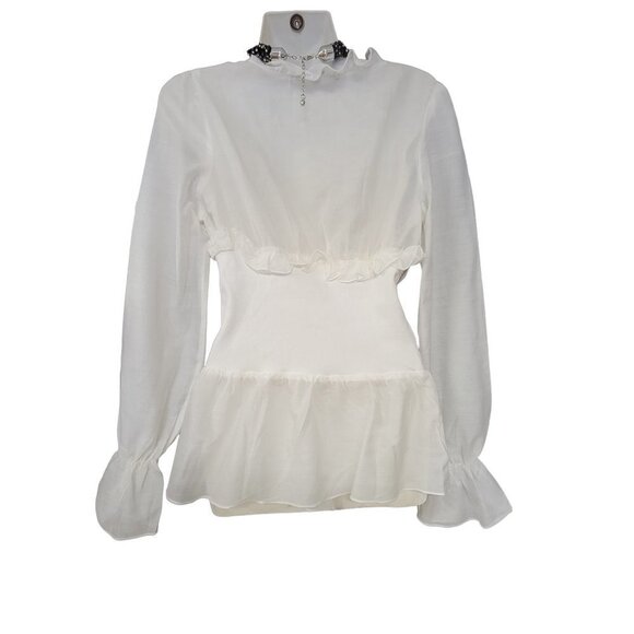 WHITE Cotton Silk Light Frilly Long Sleeve Top VARIOUS SIZES S M L - Picture 2 of 16